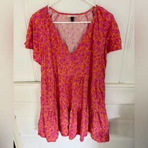 Universal Thread Pink and Orange Flutter Sleeve Tiered Dress